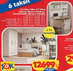 MODALİFE EVA GENÇ ODASI 5’Lİ TAKIM (ÇALIŞMA MASASI+GARDIROP+ KARYOLA-BAŞLIK+ŞİFONYER+KİTAPLIK)